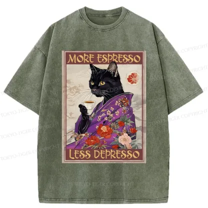 Tokyo-Tiger Japanese Cat Drinking Coffee Washed T-Shirt