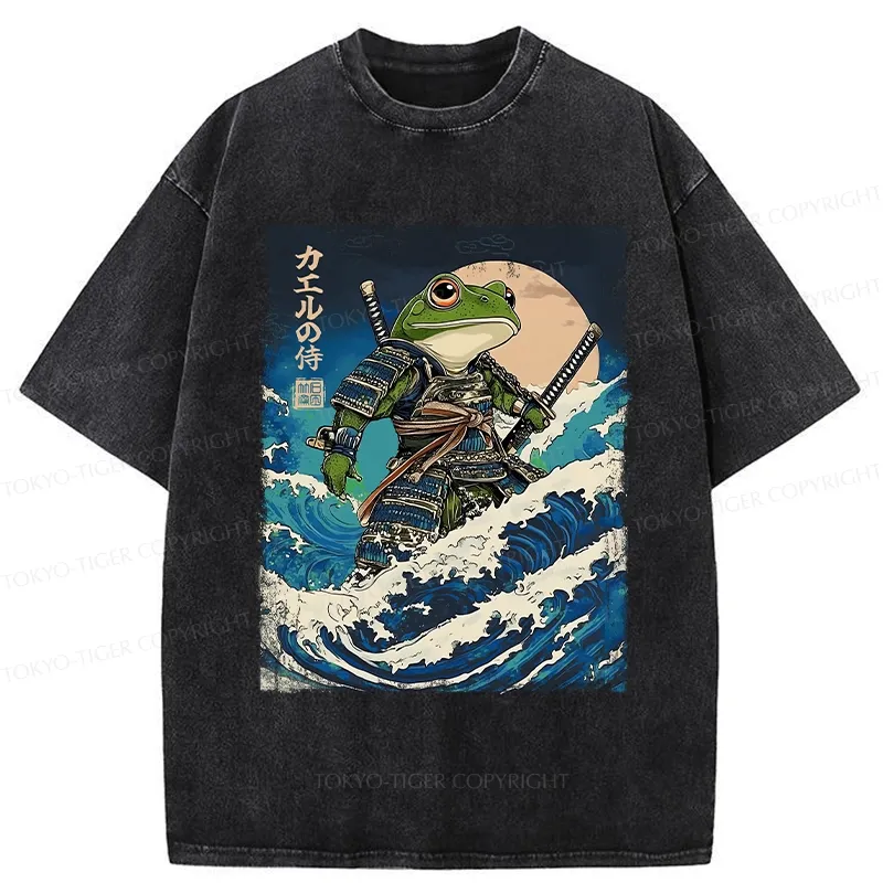 Tokyo-Tiger Frog Samurai In The Great Wave Washed T-Shirt