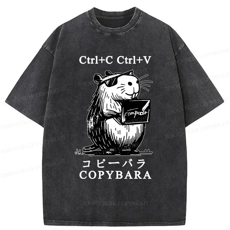 Tokyo-Tiger Capybara At Work Washed T-Shirt