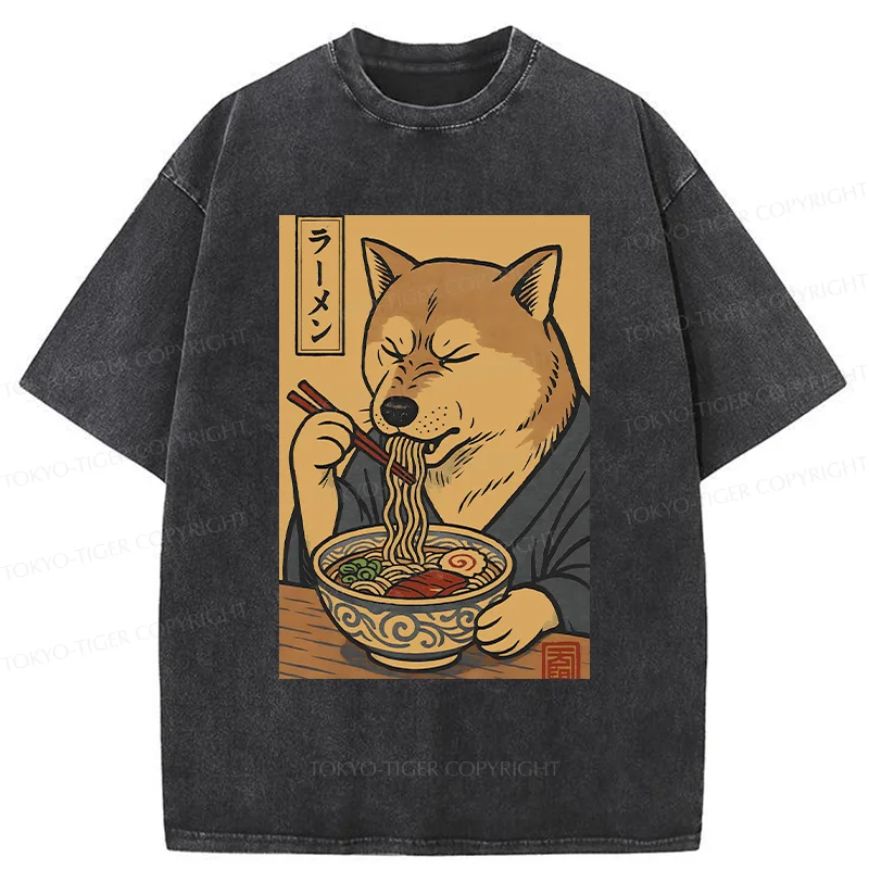 Tokyo-Tiger Puppy Eating Ramen Washed T-Shirt