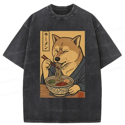 Tokyo-Tiger Puppy Eating Ramen Washed T-Shirt