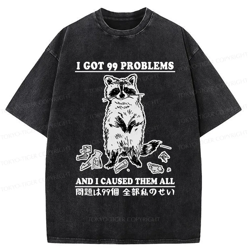 Tokyo-Tiger Funny Raccoon Causes 99 Problems Washed T-Shirt