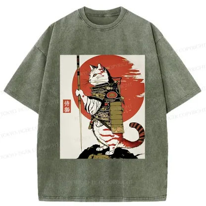 Tokyo-Tiger Samurai Cat Holding Sword Washed T-Shirt