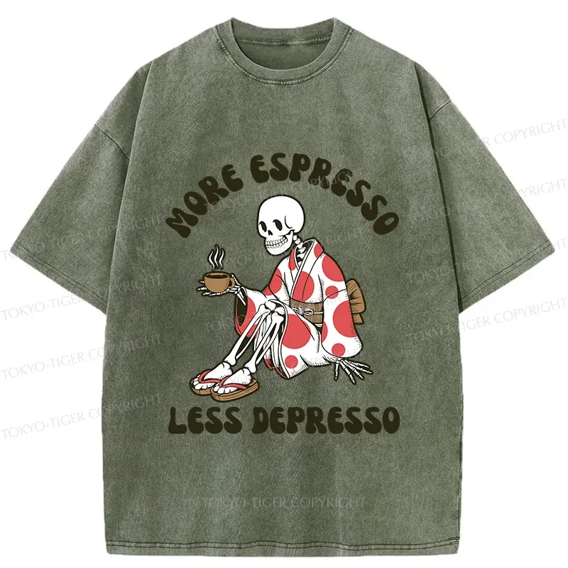 Tokyo-Tiger Skeleton Drinking Coffee Washed T-Shirt