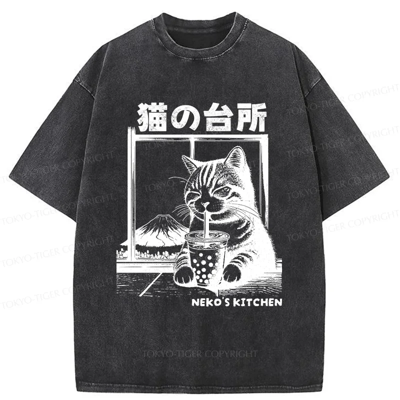 Tokyo-Tiger Cat Drinking Milk Tea Washed T-Shirt