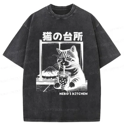 Tokyo-Tiger Cat Drinking Milk Tea Washed T-Shirt