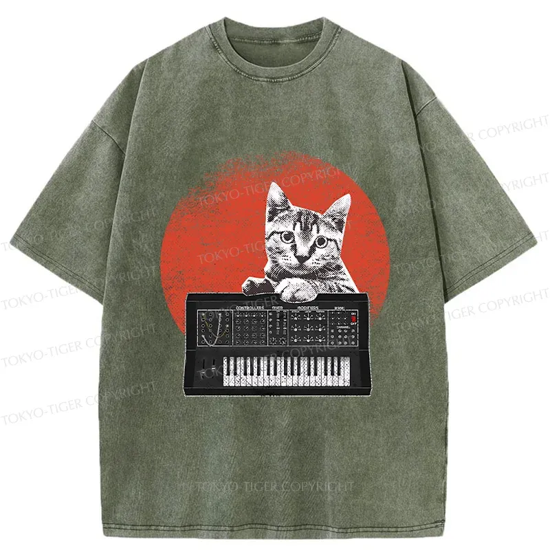 Tokyo-Tiger Cat And Analog Synthesizer Washed T-Shirt