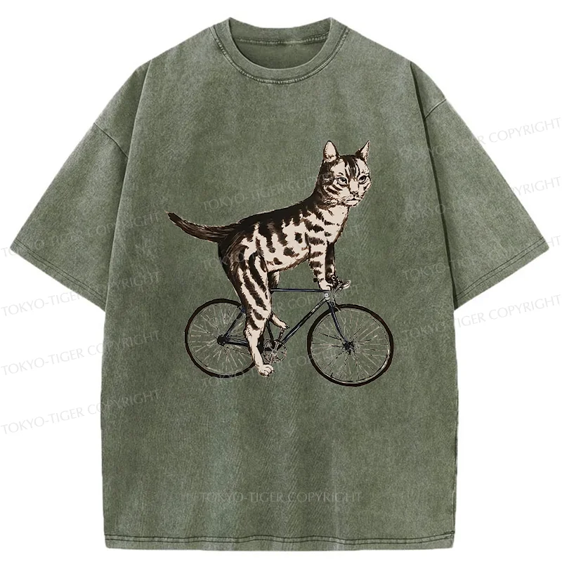 Tokyo-Tiger Cat Riding A Bicycle Washed T-Shirt