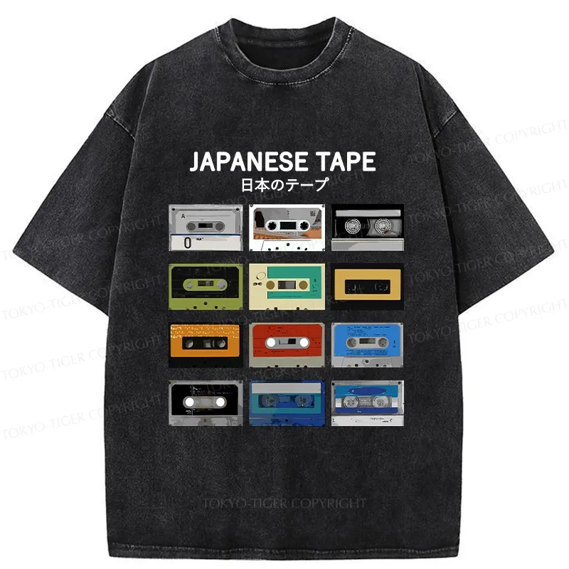 Tokyo-Tiger Retro Japanese Tapes Washed T-Shirt