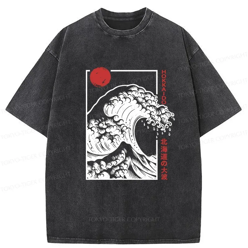 Tokyo-Tiger Japanese Ukiyoe Wave Washed T-Shirt