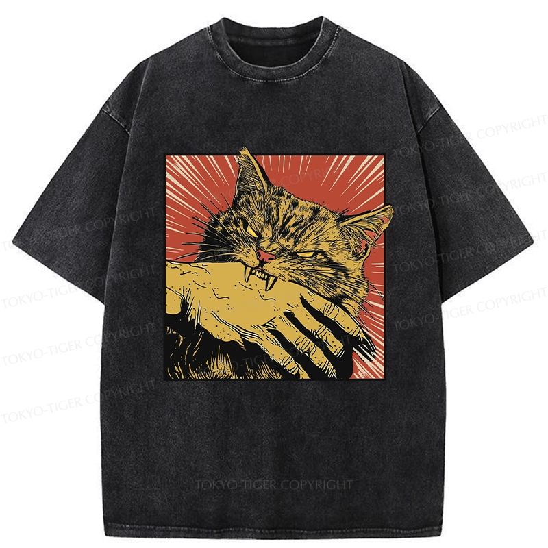 Tokyo-Tiger Cat Bites Hand Japanese Washed T-Shirt