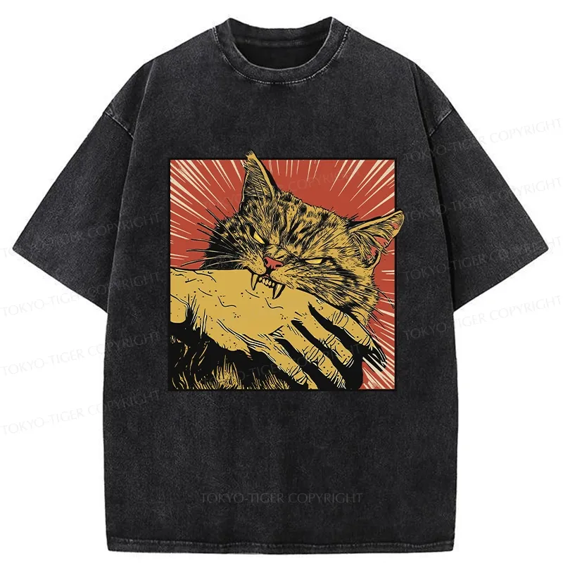 Tokyo-Tiger Cat Bites Hand Japanese Washed T-Shirt