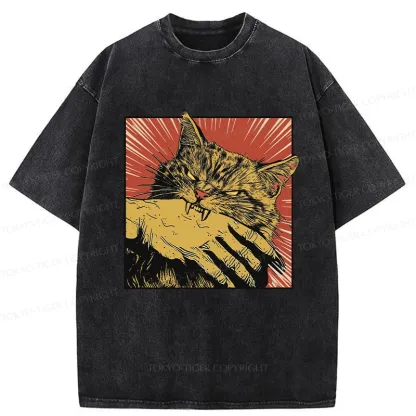 Tokyo-Tiger Cat Bites Hand Japanese Washed T-Shirt