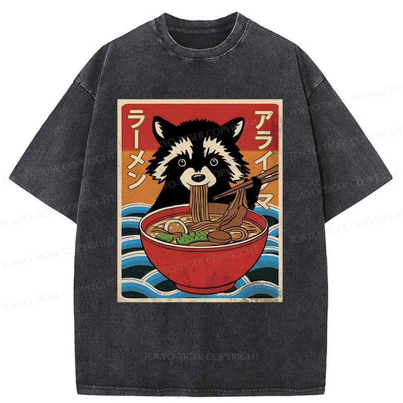 Tokyo-Tiger Raccoon Eating Ramen Washed T-Shirt