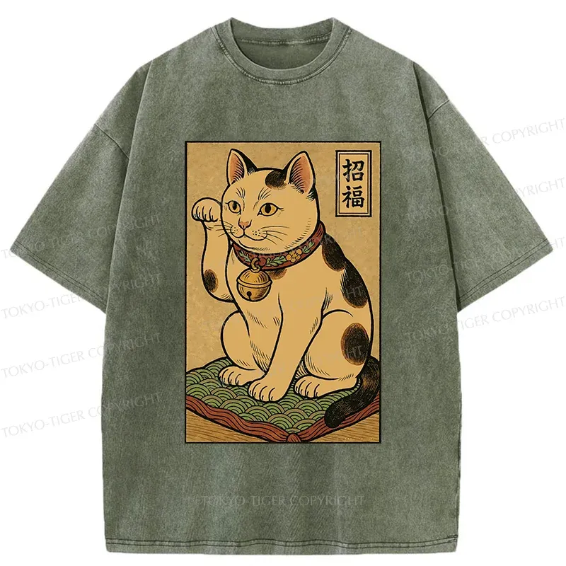 Tokyo-Tiger Retro Lucky Cat Washed T-Shirt