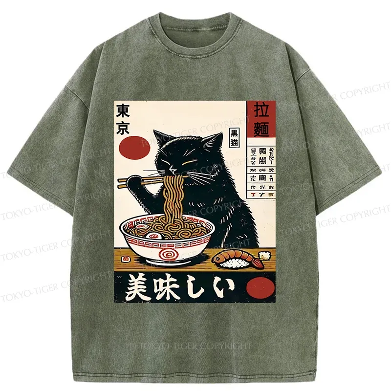 Tokyo-Tiger Black Cat Eating Japanese Ramen Washed T-Shirt