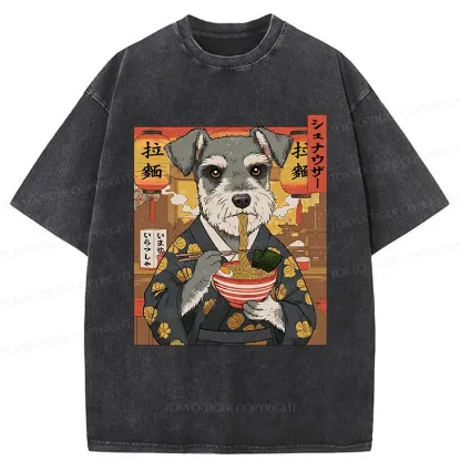 Tokyo-Tiger Schnauzer Eating Ramen Washed T-Shirt