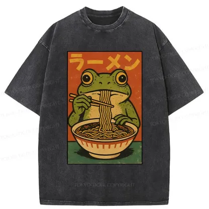 Tokyo-Tiger Frog Eating Ramen Retro Washed T-Shirt