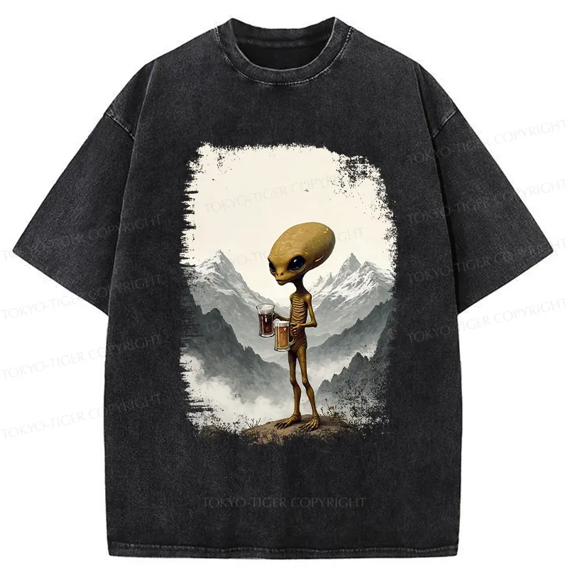 Tokyo-Tiger Alien With Beer Funny Washed T-Shirt