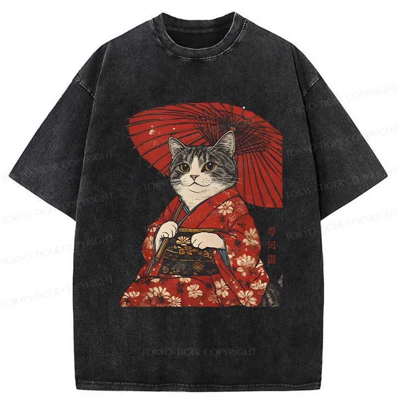 Tokyo-Tiger Japanese Cat Holding An Umbrella Washed T-Shirt