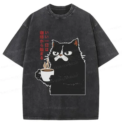 Tokyo-Tiger Black Cat Drinking Coffee Washed T-Shirt
