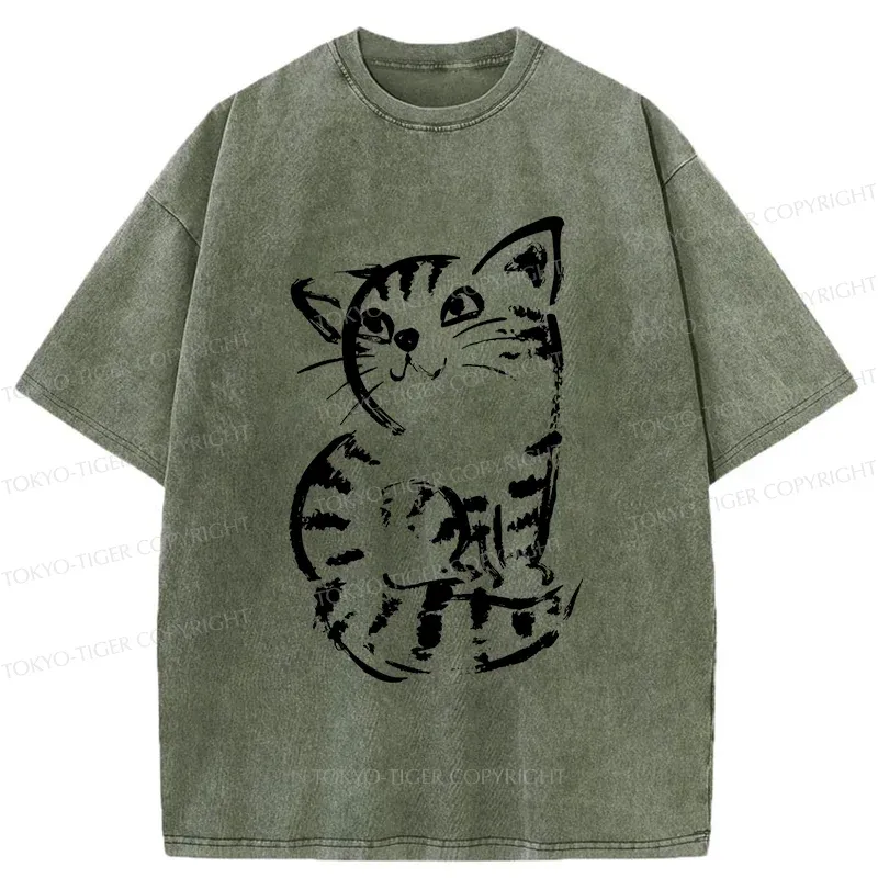 Tokyo-Tiger Retro Japanese Cat Washed T-Shirt