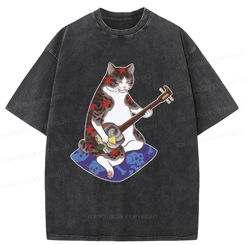 Tokyo-Tiger Cat Playing Shamisen Washed T-Shirt