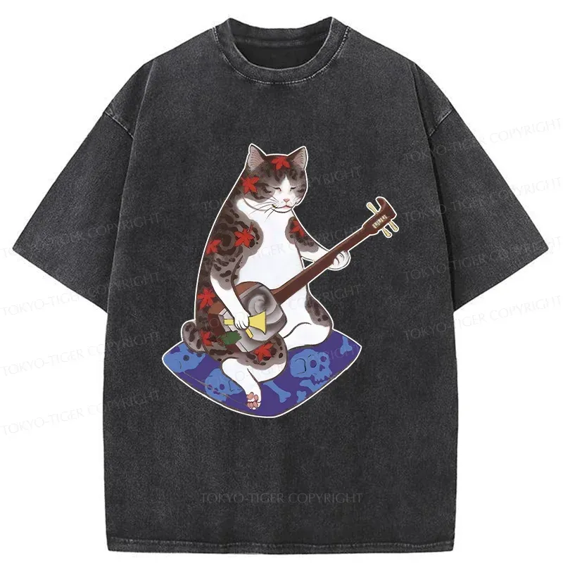Tokyo-Tiger Cat Playing Shamisen Washed T-Shirt