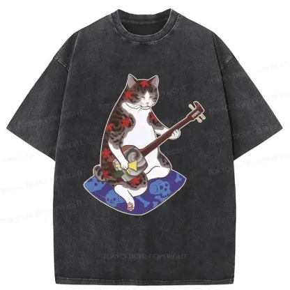 Tokyo-Tiger Cat Playing Shamisen Washed T-Shirt