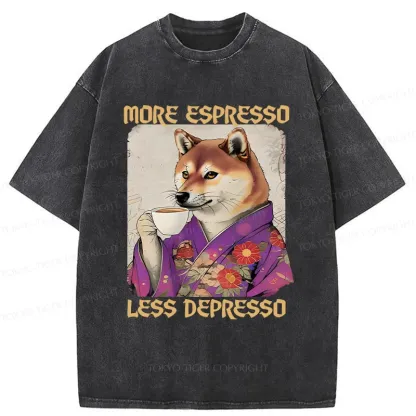 Tokyo-Tiger Shiba Inu Drinking Coffee Washed T-Shirt
