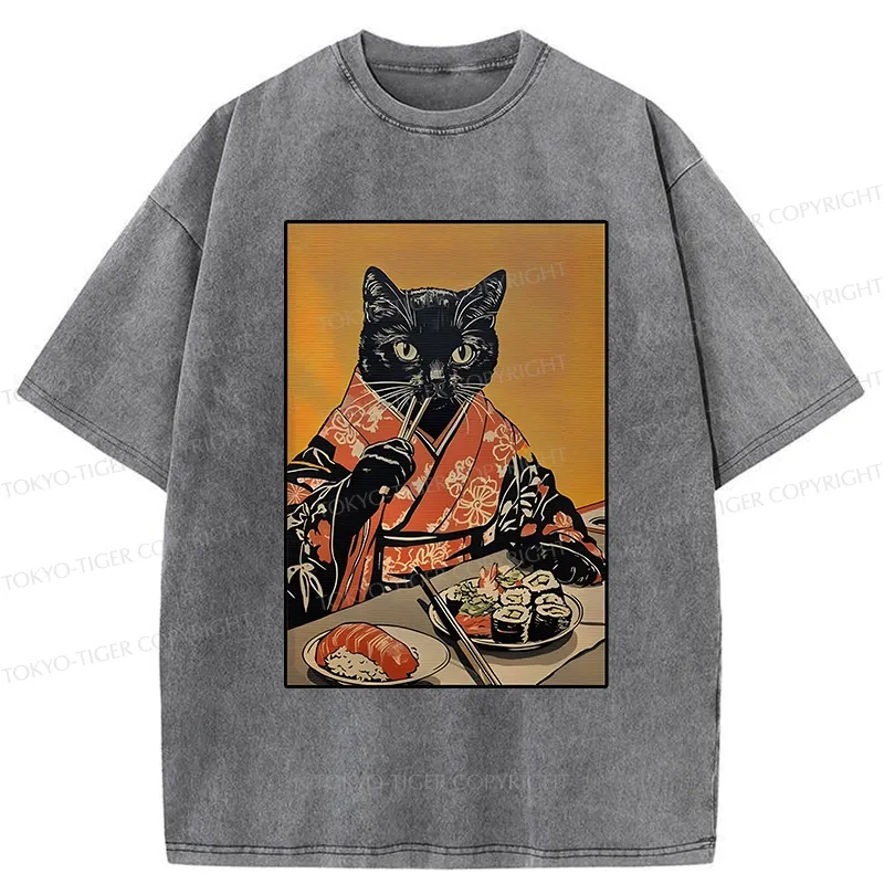 Tokyo-Tiger Sushi Lover Black Cat Washed T-Shirt