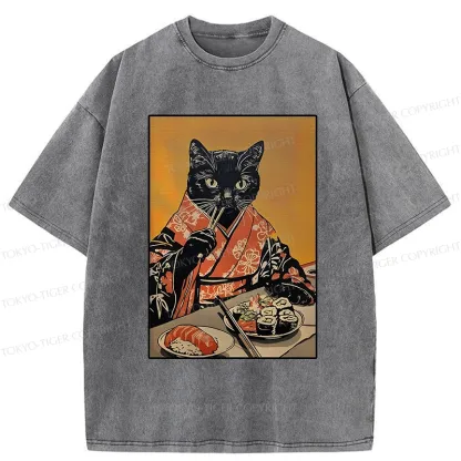 Tokyo-Tiger Sushi Lover Black Cat Washed T-Shirt