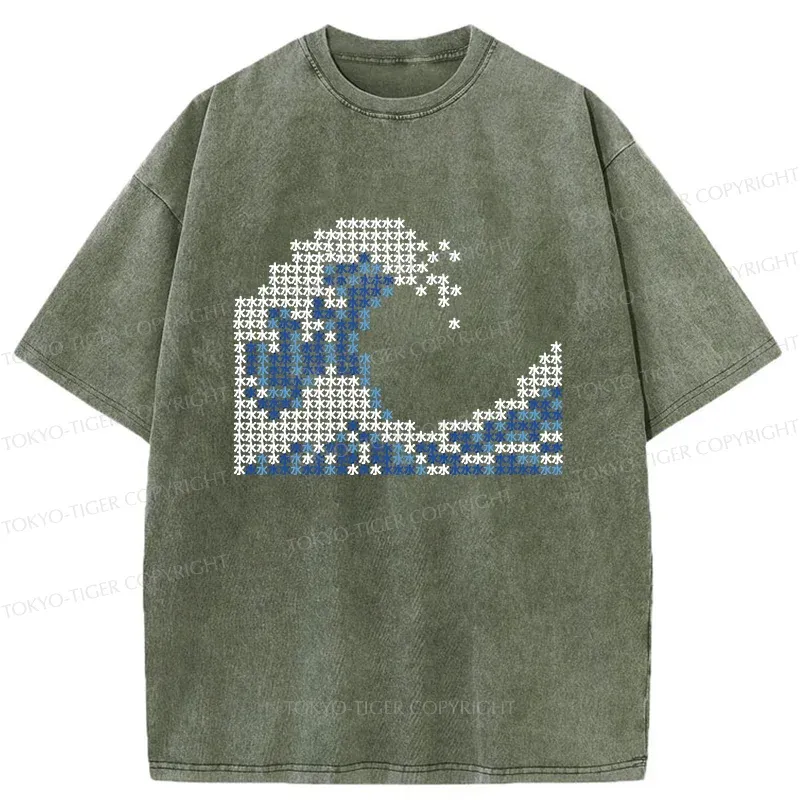Tokyo-Tiger Ukiyo-e Waves Kanji Washed T-Shirt