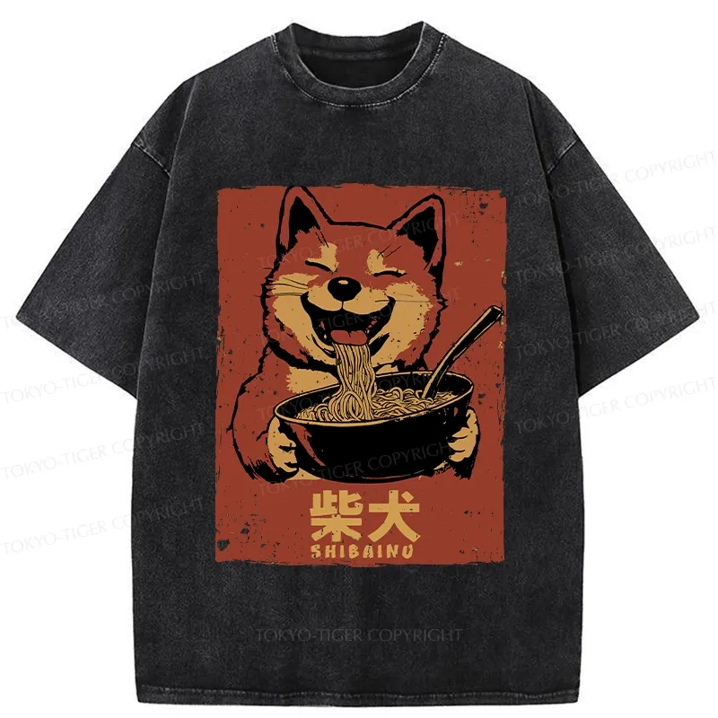 Tokyo-Tiger Ramen Lover Shiba Inu Washed T-Shirt
