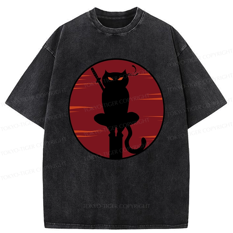 Tokyo-Tiger Japanese Ninja Black Cat Washed T-Shirt