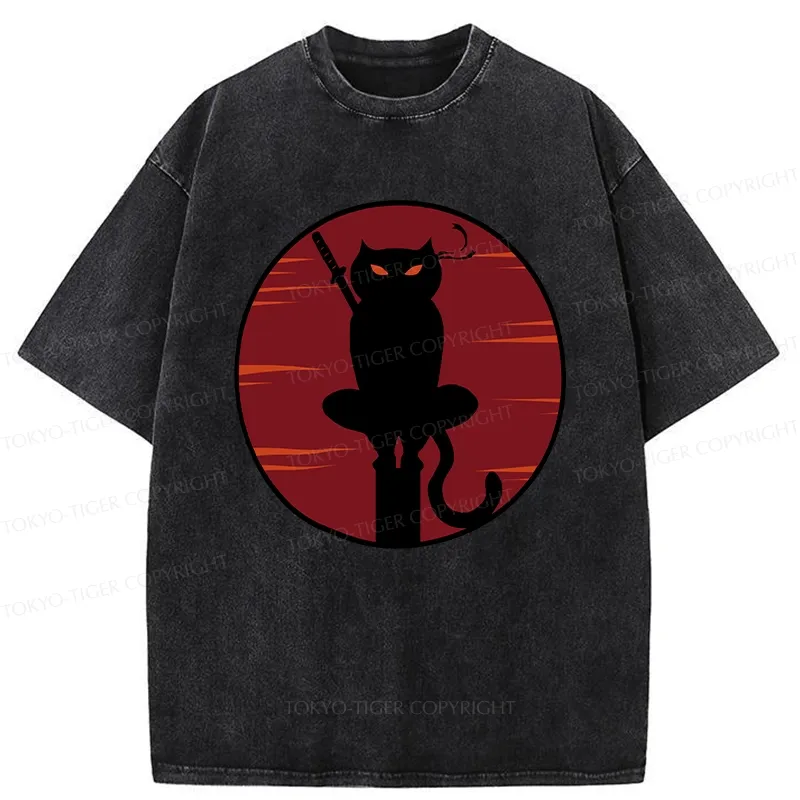 Tokyo-Tiger Japanese Ninja Black Cat Washed T-Shirt