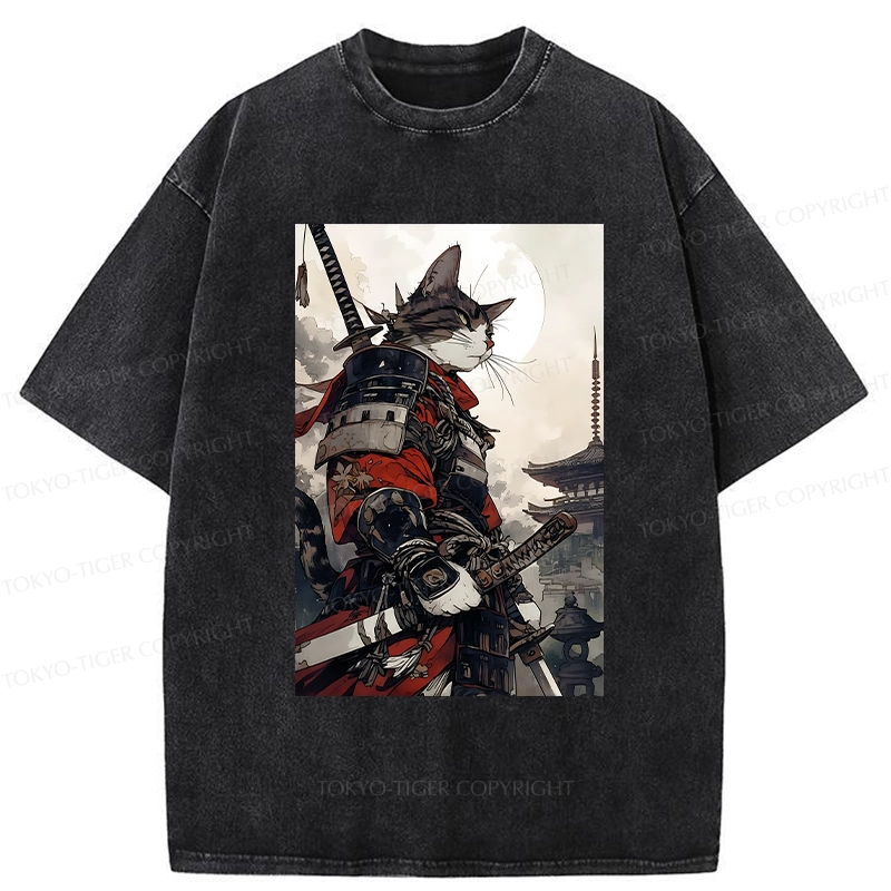 Tokyo-Tiger Majestic Samurai Cat Washed T-Shirt