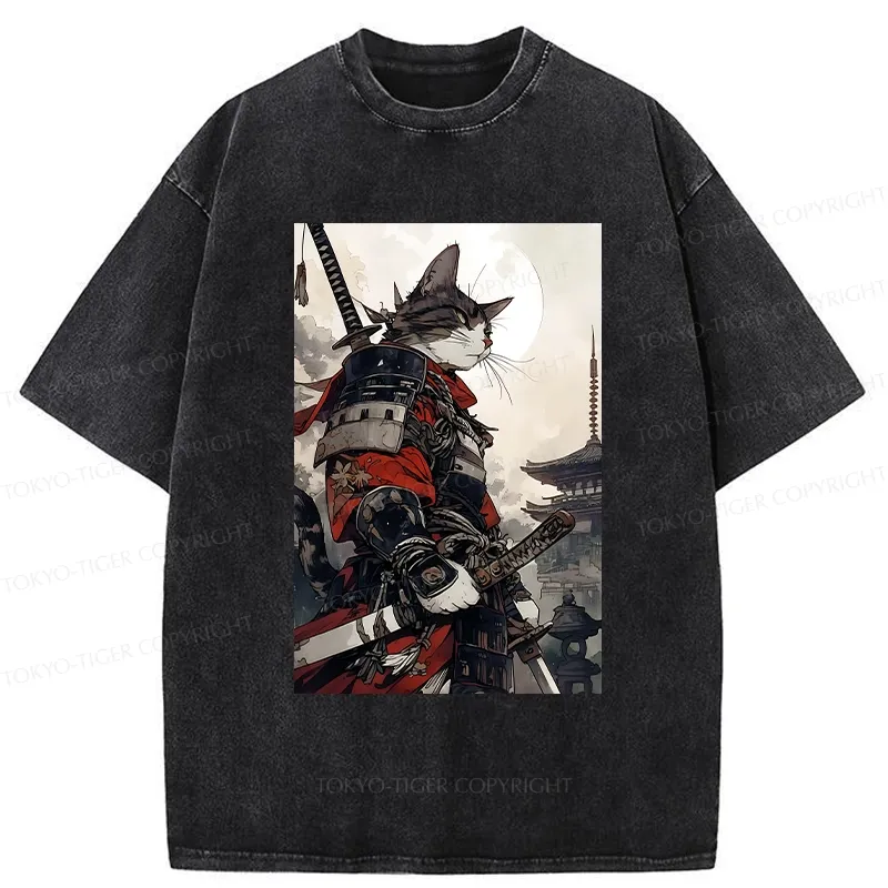 Tokyo-Tiger Majestic Samurai Cat Washed T-Shirt