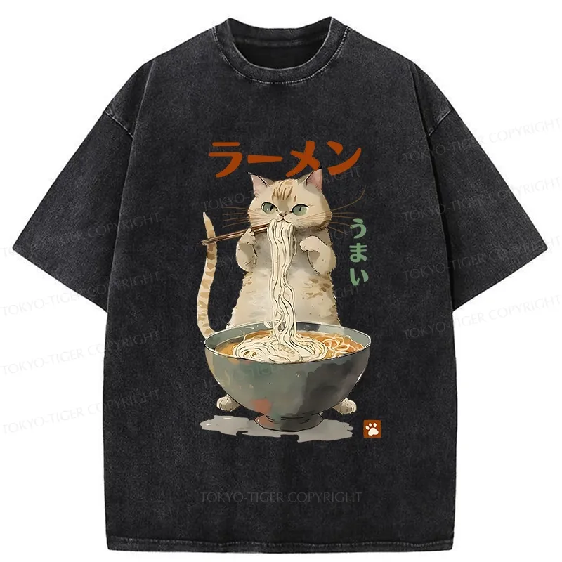 Tokyo-Tiger Cute Cat Eating Yummy Ramen Washed T-Shirt