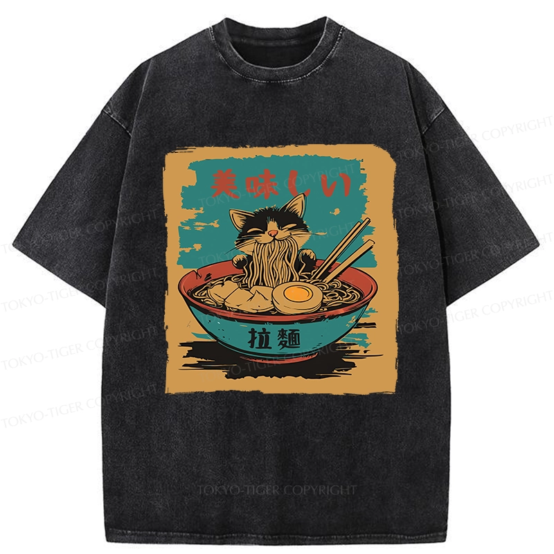 Tokyo-Tiger Kitten Eating Ramen Washed T-Shirt