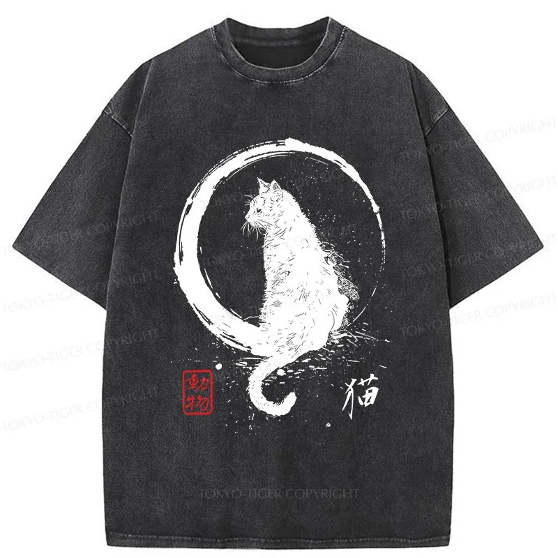 Tokyo-Tiger Retro Japanese Black Cat Washed T-Shirt