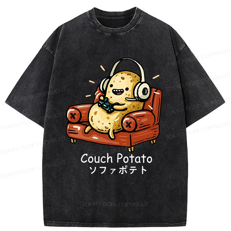 Tokyo-Tiger Funny Lazy Potato Washed T-Shirt
