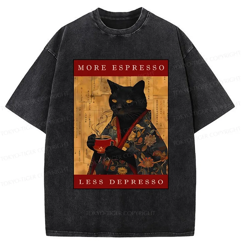 Tokyo-Tiger More Espresso Less Depresso Cat Washed T-Shirt