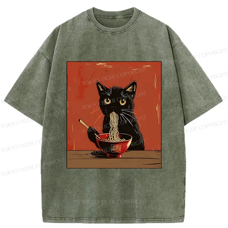Tokyo-Tiger Japanese Black Cat Eating Ramen Washed T-Shirt