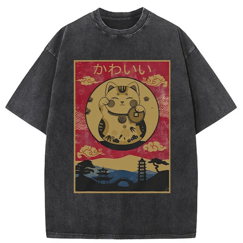 Tokyo-Tiger Retro Lucky Cat Washed T-Shirt