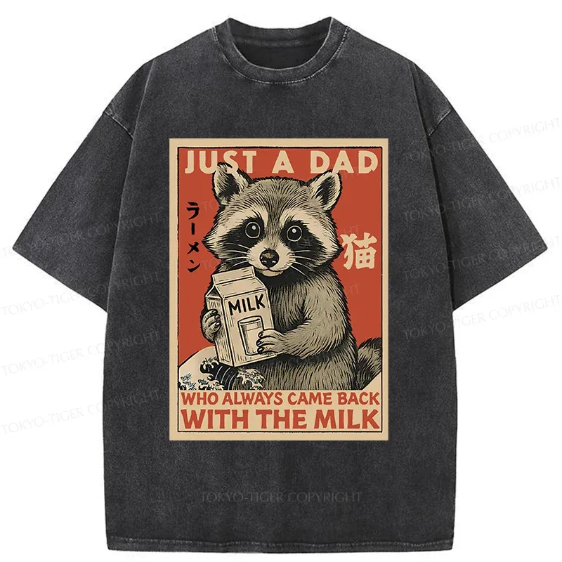 Tokyo-Tiger Cute Raccoon Holding Milk Washed T-Shirt