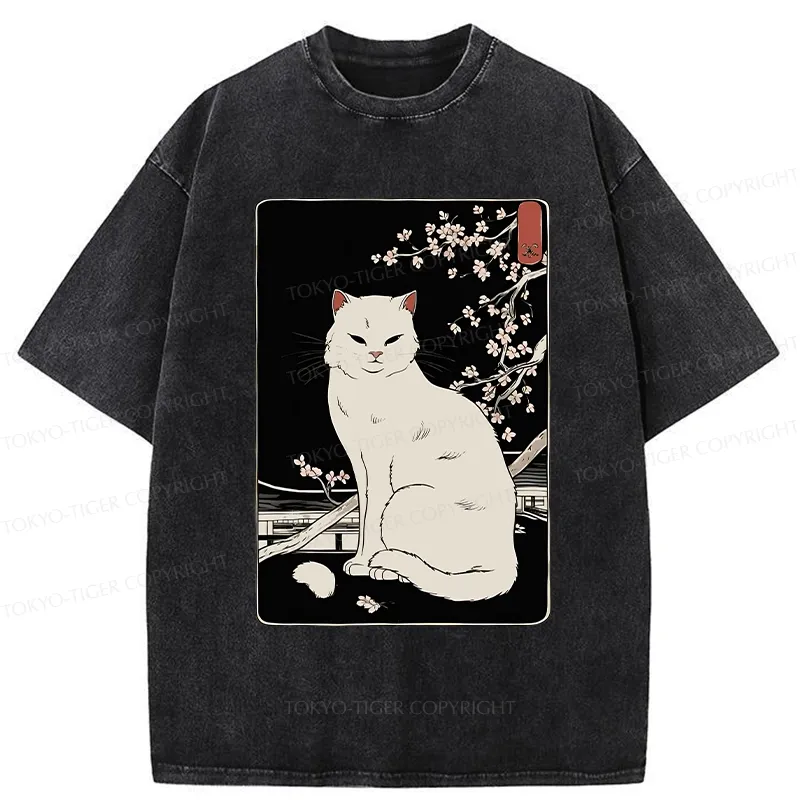 Tokyo-Tiger Cat Under The Sakura Washed T-Shirt