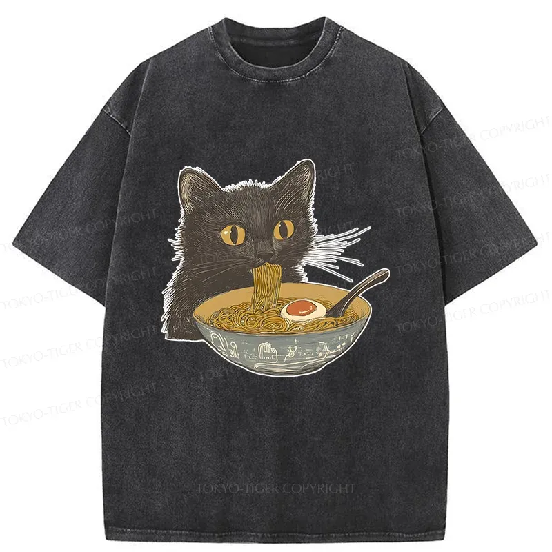 Tokyo-Tiger Cat Eating Tonkotsu Ramen Washed T-Shirt