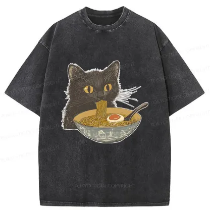 Tokyo-Tiger Cat Eating Tonkotsu Ramen Washed T-Shirt