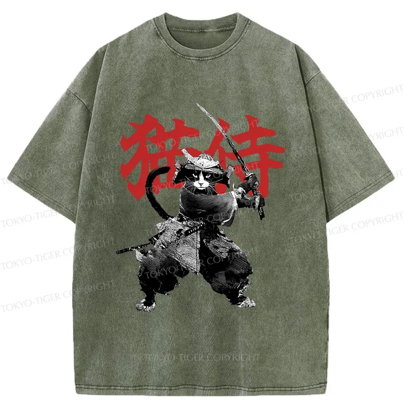 Tokyo-Tiger Black Cat Samurai Washed T-Shirt